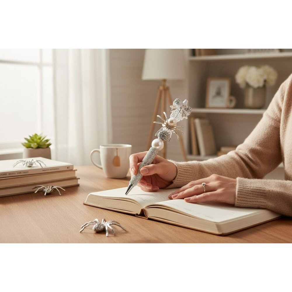 Elegant Silver Spider-Themed Pen With Rhinestones & Pearl Accents For Writing &